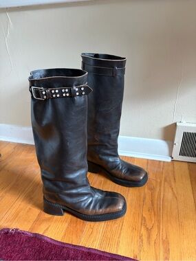 Miista Black Leather Stud-Trim Tall Combat Boots